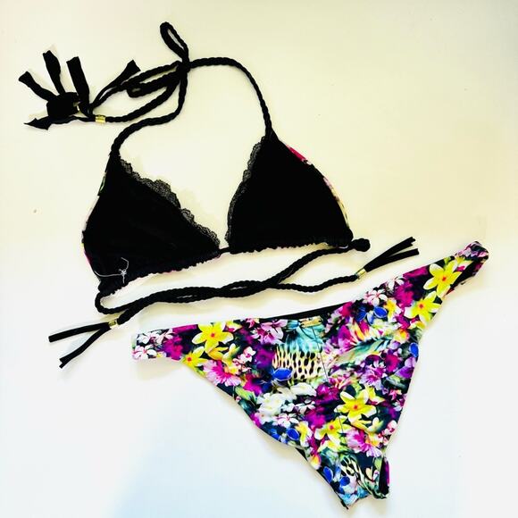 BEACH BUNNY Black Pink Floral Print Panama Reversible Strappy Cutout Bikini L - Picture 3 of 8